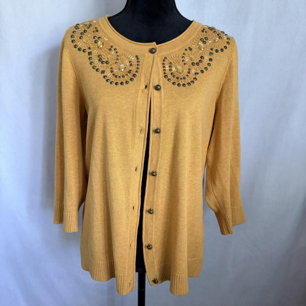 Christopher & Banks Cardigan Sweater Womens L Yellow Beaded 3/4 Sleeve Fall